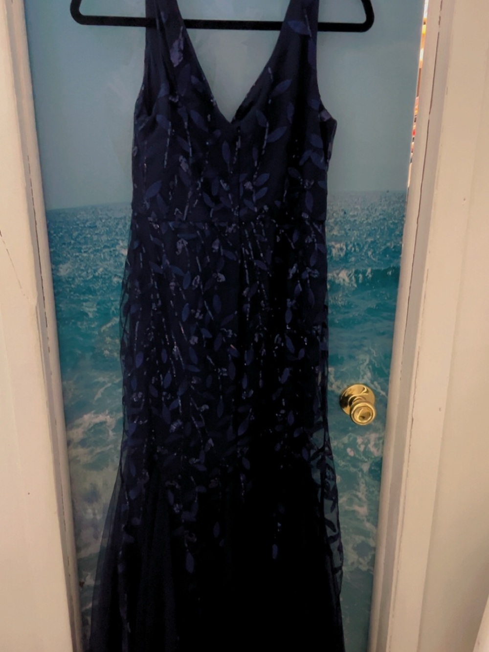 Source Unknown Navy V-Neck Prom Dress with Leaf Appliqué